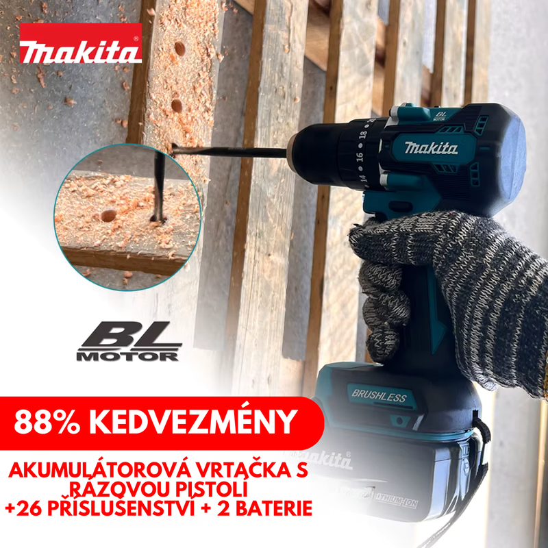 ORIGINÁLNÍ SADA MAKITA: AKUMULÁTOROVÁ VRTAČKA S RÁZOVOU PISTOLÍ + 26 PŘÍSLUŠENSTVÍ + 2 BATERIE – BLACK FRIDAY AKCE